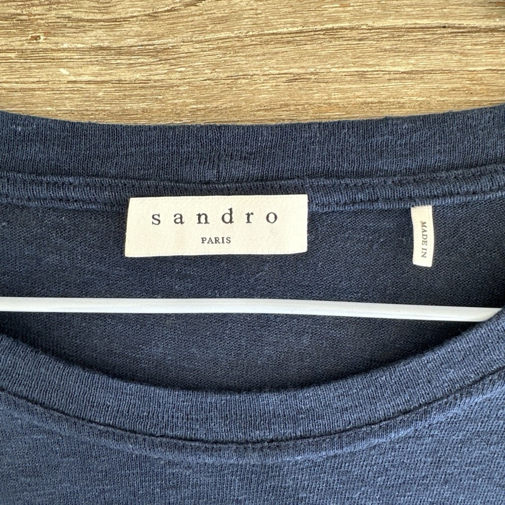 Sandro Mens Navy Blue Linen/Cotton Short Sleeve TShirt Size S/XS (measured) $185 - Picture 6 of 9